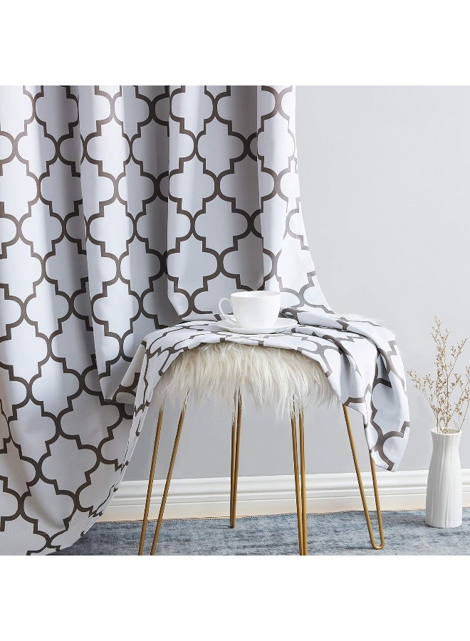 HLC.ME Lattice Print Moroccan Thermal Blackout Curtains 84 Inch - Privacy Shaded & Darkening Grommet Window Curtains Draperies for Bedroom and Living Room, Platinum White & Grey, 52 W x 84 L, 2 Panels - Image 2