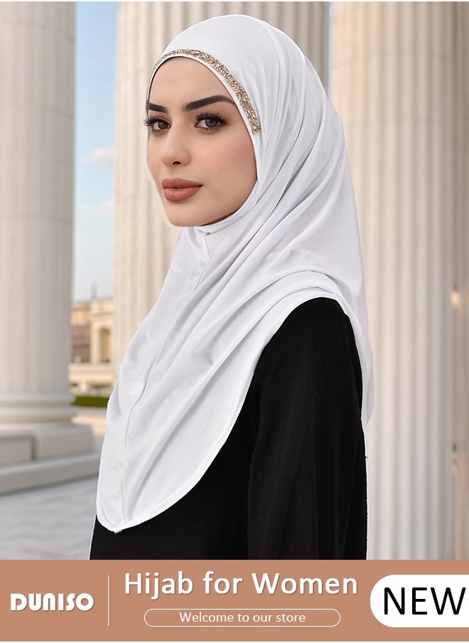 DUNISO Women Hijab Undercap Fashion Solid Color Women Under Scarf Hat Premium Headwear Soft Lady Long Hijab Scarf Lightweight Breathable Hot Diamond Islamic Muslim Hijab for Women Girls（White）  - Image 1