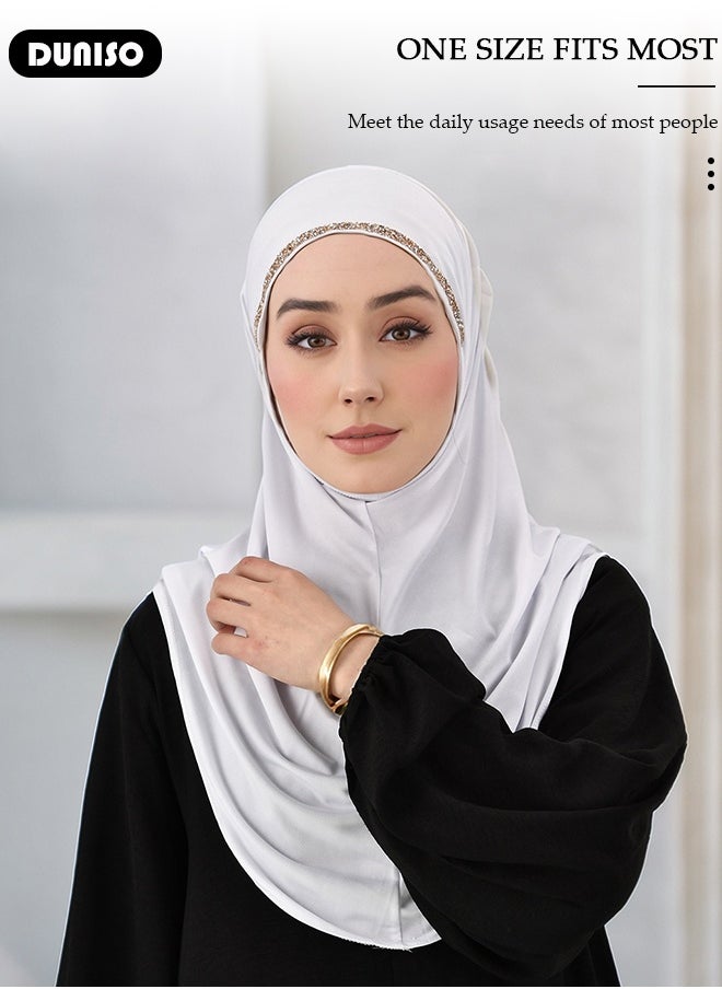 DUNISO Women Hijab Undercap Fashion Solid Color Women Under Scarf Hat Premium Headwear Soft Lady Long Hijab Scarf Lightweight Breathable Hot Diamond Islamic Muslim Hijab for Women Girls（White）  - Image 3