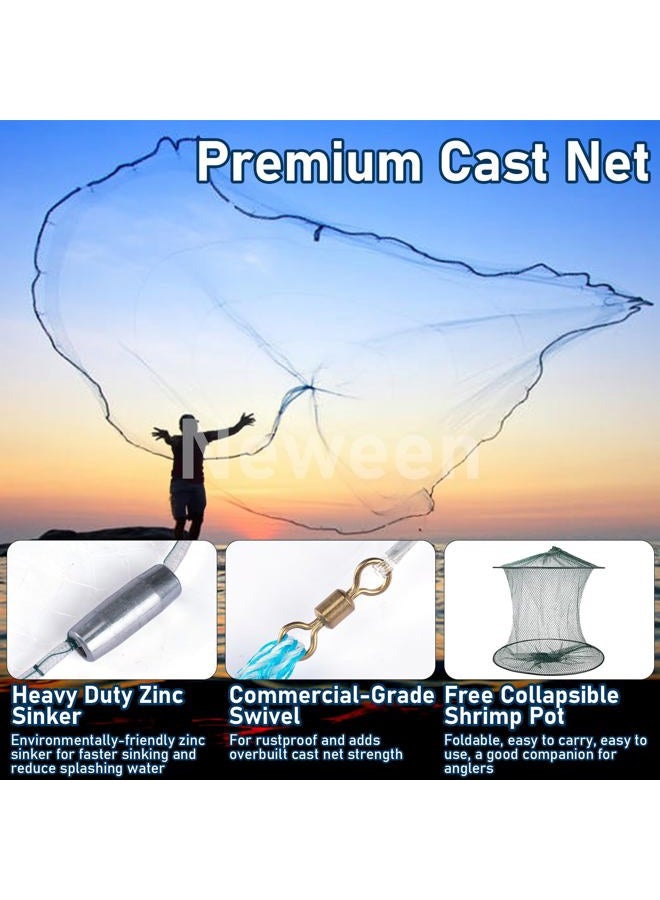 Neween Cast Net for Fishing with Shrimp Cage, American Freshwater Saltwater 4/6/8Ft Radius Casting Net Bait Trap Fish, Heavy Duty Zinc Sinker, 3/8 Inch Mesh Size - Image 4