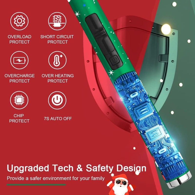 SUPRUS Electric Candle Lighter USB Lighter with Upgraded LED Battery Display Safety Switch Rechargeable Flameless Plasma Windproof Pocket Size for Candle Cooking BBQs Fireworks (Christmas Green) - Image 4
