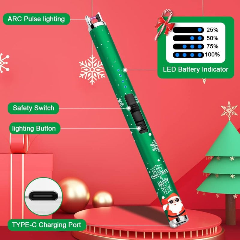 SUPRUS Electric Candle Lighter USB Lighter with Upgraded LED Battery Display Safety Switch Rechargeable Flameless Plasma Windproof Pocket Size for Candle Cooking BBQs Fireworks (Christmas Green) - Image 3