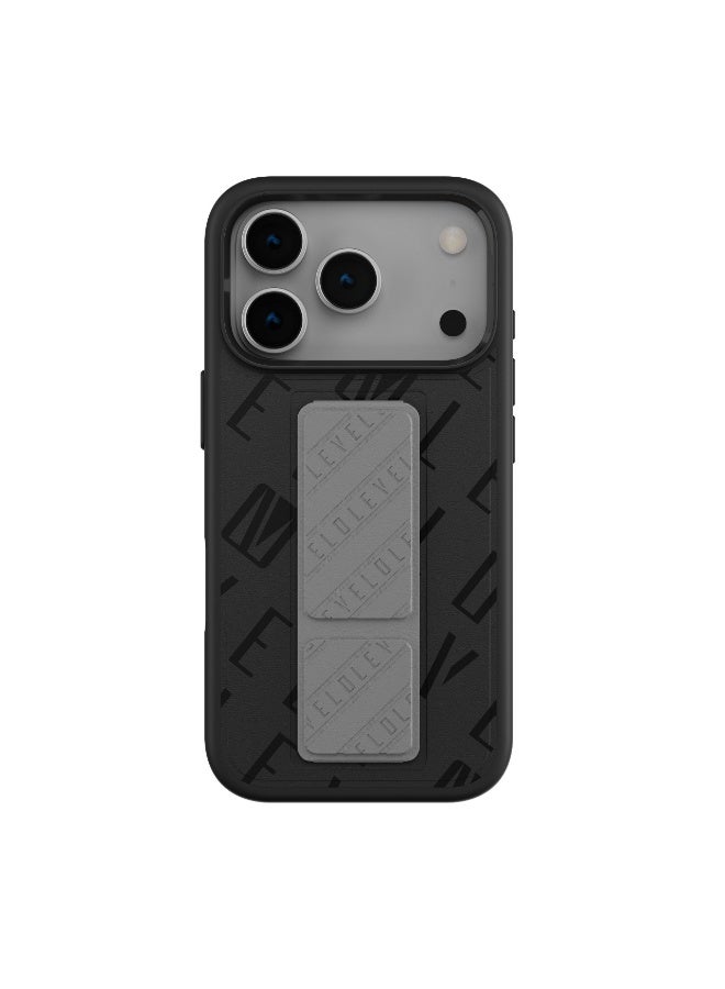 LEVELO iPhone 17 Pro Max MagSafe Case Morphix PU Leather With Sleek Strap For Firm Hold / Magnetic Grip Stand / Shock-Resistant-Bumper / Sleek Faux Leather Back Cover - Charcoal Storm - Image 1