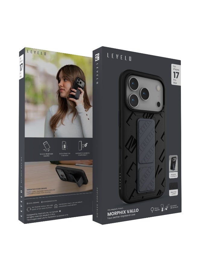 LEVELO iPhone 17 Pro Max MagSafe Case Morphix PU Leather With Sleek Strap For Firm Hold / Magnetic Grip Stand / Shock-Resistant-Bumper / Sleek Faux Leather Back Cover - Charcoal Storm - Image 3