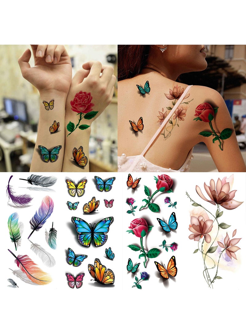 SOLARAE Rose Flowers Temporary Tattoos, Realistic Feather 3D Butterfly Fake Tattoos Temporary for Girls, Floral Blossom Branch Arm Neck Face Tatoo Sticker Kit (56 Sheets) - Image 2