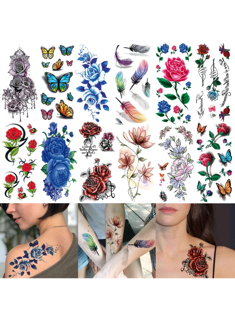 SOLARAE Rose Flowers Temporary Tattoos, Realistic Feather 3D Butterfly Fake Tattoos Temporary for Girls, Floral Blossom Branch Arm Neck Face Tatoo Sticker Kit (56 Sheets) - Image 3