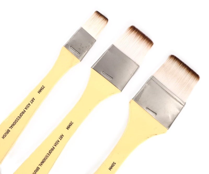 Worison Art Asia 3pc Long Handle Synthetic Hair Flat Paintbrush for Watercolor and Acrylic Painting 25mm, 38mm and 50mm Paint Brush Set - Image 2