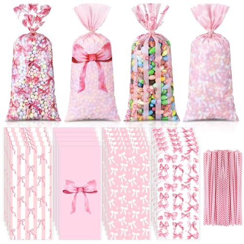 Yexiya 100 Pack Pink Bow Cellophane Bags Coquette Party Favor Bag Candy Treat Bags with 150 Twist Ties for Pink Wedding Birthday Party Favor SuppliesClassic - Image 2