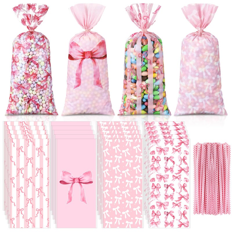 Yexiya 100 Pack Pink Bow Cellophane Bags Coquette Party Favor Bag Candy Treat Bags with 150 Twist Ties for Pink Wedding Birthday Party Favor SuppliesClassic - Image 3