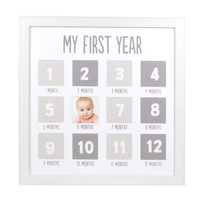 Pearhead My First Year Photo Moments Baby Keepsake Picture Frame, Baby's First Year Photo Frame, Gender-Neutral Baby Milestone Nursery Decor, White and Gray - Image 1