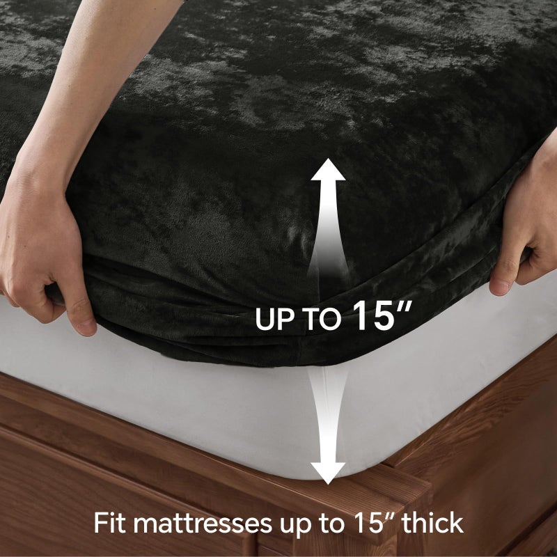 BEDELITE Velvet Fitted Sheet and Pillowcase Set, Luxury Soft Fuzzy Bottom Sheet with Reinforced Elastic Corner Straps, Deep Pocket up to 15 Inch, 1 Fitted Sheet and Pillowcase (Twin, Black) - Image 5
