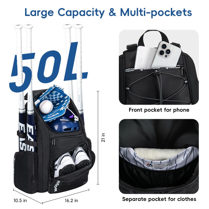 KAVIGOR Baseball Bag for Youth and Adult, Softball Bag 50L Large Capacity Holds 4 Bats, Equipment Backpack with Shoes Compartment - Image 2