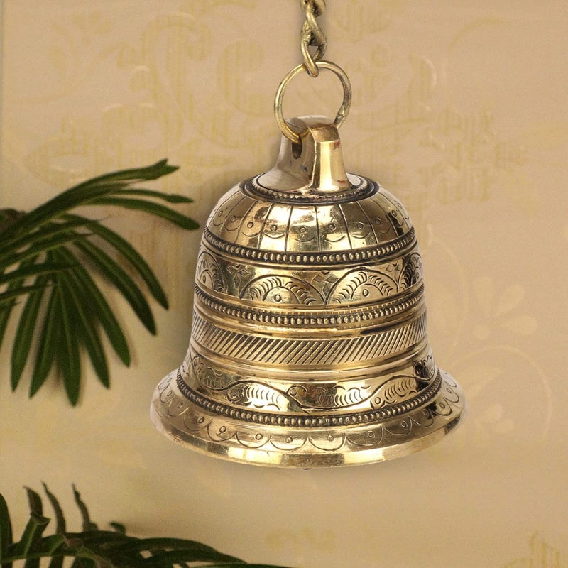 Kartique Brass Hanging Bell with Antique J Hooks Metal Chain for Porches Doors Mandirs Ideal for Home Outdoor Decor Housewarming Gift - Image 1
