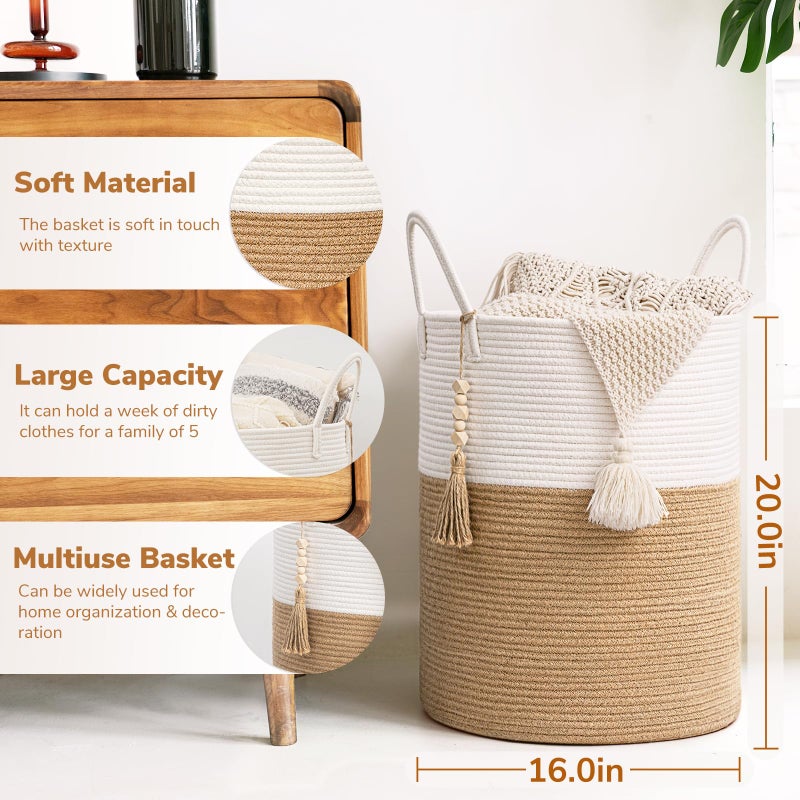 Goodpick Woven Laundry Basket Decorative Blanket Basket for Living Room, Tall Storage Basket for Clothes, Toys, Towels, Wicker Laundry Hamper 16 x 20 Inches, White and Jute - Image 3