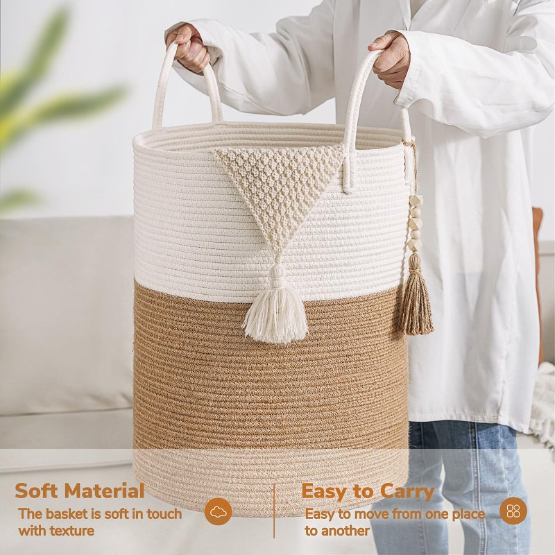 Goodpick Woven Laundry Basket Decorative Blanket Basket for Living Room, Tall Storage Basket for Clothes, Toys, Towels, Wicker Laundry Hamper 16 x 20 Inches, White and Jute - Image 4