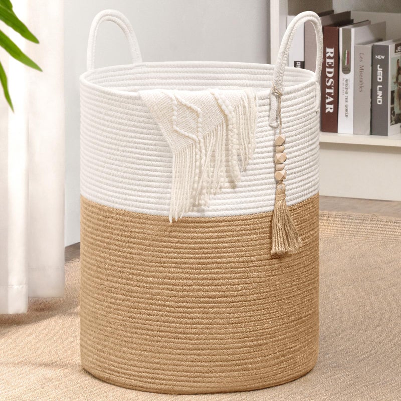 Goodpick Woven Laundry Basket Decorative Blanket Basket for Living Room, Tall Storage Basket for Clothes, Toys, Towels, Wicker Laundry Hamper 16 x 20 Inches, White and Jute - Image 1