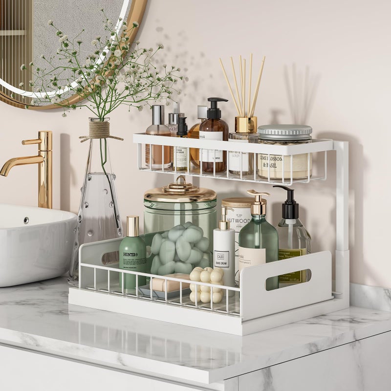 REALINN Under Sink Organizer, Pull Out Cabinet Organizer 2 Tier Slide Out Sink Shelf Cabinet Storage Shelves, Under Sink Storage for Kitchen Bathroom Cabinet, White, 1 Pack - Image 2