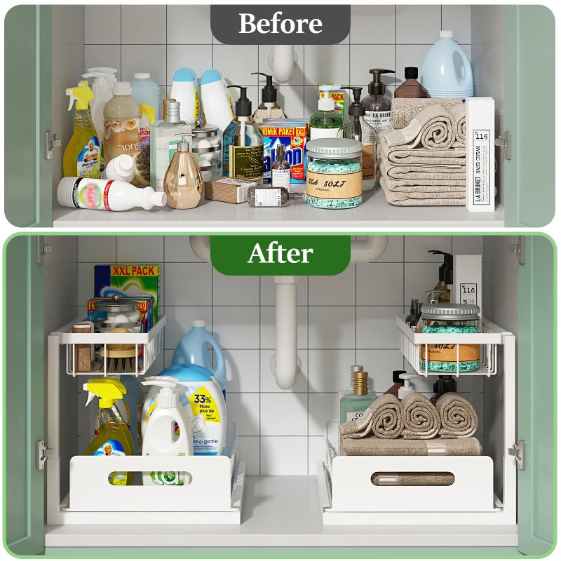 REALINN Under Sink Organizer, Pull Out Cabinet Organizer 2 Tier Slide Out Sink Shelf Cabinet Storage Shelves, Under Sink Storage for Kitchen Bathroom Cabinet, White, 1 Pack - Image 3