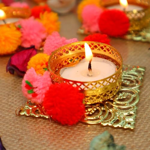 Jaipur Ace Decorative Soft Pompom Tea Light Holders | Elegant Candle Holders for Diwali, Weddings, Parties & Festive Decorations | Handmade Home Décor Accent & Gift for Loved Ones - Image 3