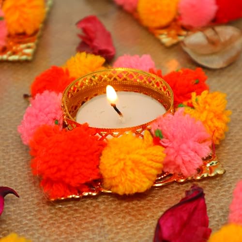 Jaipur Ace Decorative Soft Pompom Tea Light Holders | Elegant Candle Holders for Diwali, Weddings, Parties & Festive Decorations | Handmade Home Décor Accent & Gift for Loved Ones - Image 4
