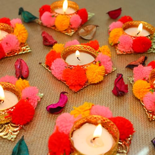 Jaipur Ace Decorative Soft Pompom Tea Light Holders | Elegant Candle Holders for Diwali, Weddings, Parties & Festive Decorations | Handmade Home Décor Accent & Gift for Loved Ones - Image 5