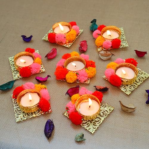 Jaipur Ace Decorative Soft Pompom Tea Light Holders | Elegant Candle Holders for Diwali, Weddings, Parties & Festive Decorations | Handmade Home Décor Accent & Gift for Loved Ones - Image 1
