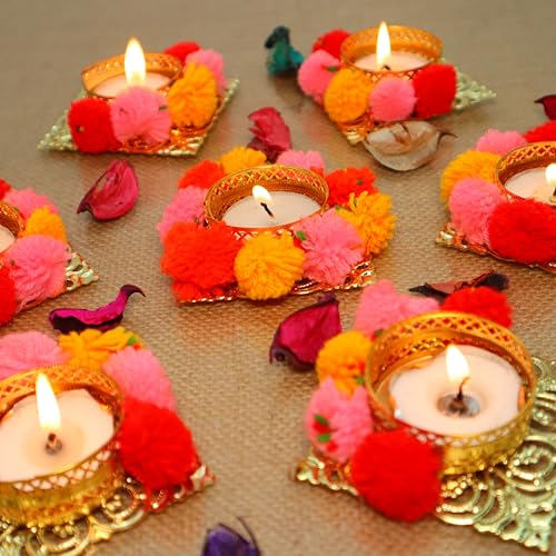 Jaipur Ace Decorative Soft Pompom Tea Light Holders | Elegant Candle Holders for Diwali, Weddings, Parties & Festive Decorations | Handmade Home Décor Accent & Gift for Loved Ones - Image 2