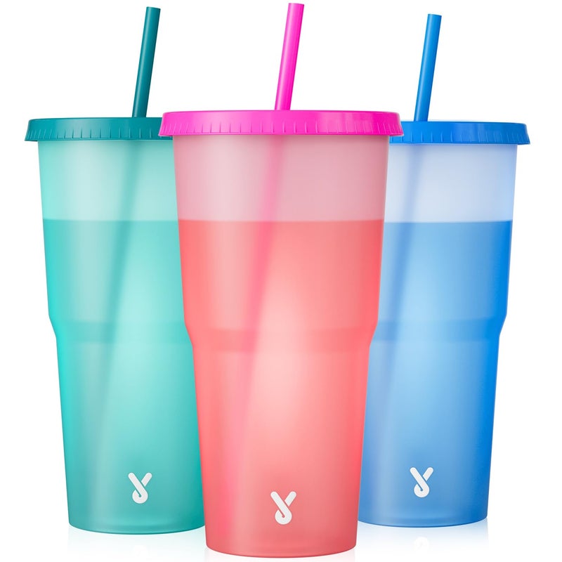Meoky Plastic Cups with Lids and Straws - 3 Pack 40 oz Tumblers Bulk, Reusable Color Changing Cups for Party, Car, Women, Adults, Iced Coffee, BPA-free - Image 1
