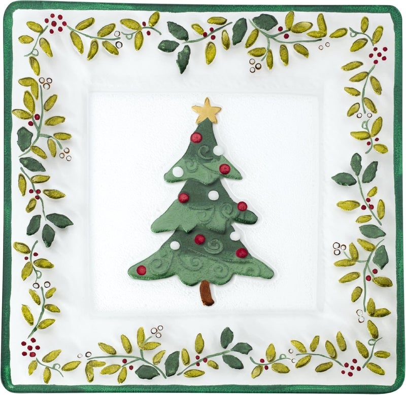 Pfaltzgraff Winterberry Handpainted Square Glass Christmas Tree PlatterWhite