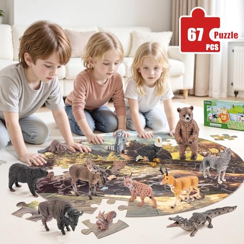THINKBAY 12PCS Large North American Animal Figurines 67PCS Large Woodland Jigsaw Puzzles Toys for Preschool Kids Toddlers Ideal Realistic Safari Animals Toys Gift for Toddlers Kids - Image 5