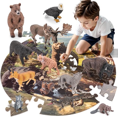THINKBAY 12PCS Large North American Animal Figurines 67PCS Large Woodland Jigsaw Puzzles Toys for Preschool Kids Toddlers Ideal Realistic Safari Animals Toys Gift for Toddlers Kids - Image 1