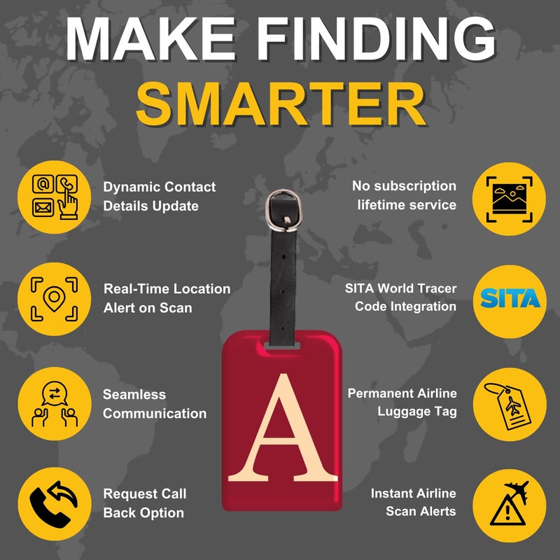tag8 [Pack 2] Smart Luggage Tag ID with Name Initial A| Bag Tag with Global Loss Recovery Service | Airline Compliant | SITA World Tracer Code Enabled | Smart Alternative to Name Tags | Gift idea - Image 2