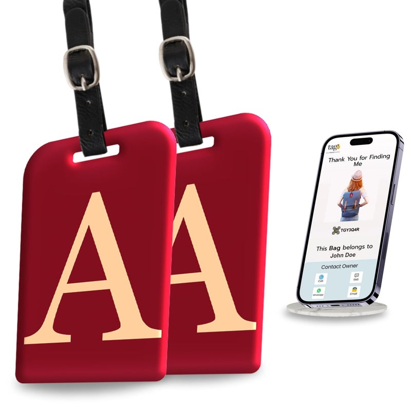 tag8 [Pack 2] Smart Luggage Tag ID with Name Initial A| Bag Tag with Global Loss Recovery Service | Airline Compliant | SITA World Tracer Code Enabled | Smart Alternative to Name Tags | Gift idea - Image 1