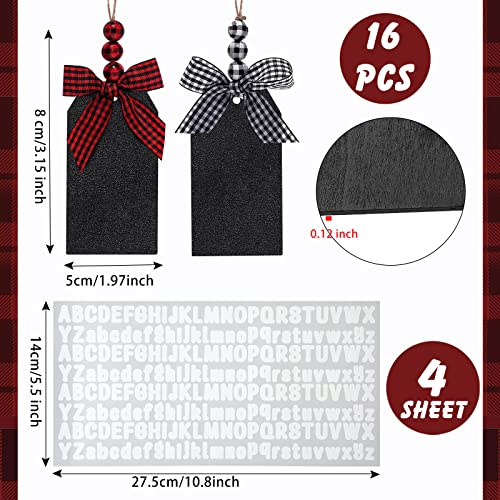 Sawysine 16 Pcs Christmas Stocking Name Tags with 4 Sheets Adhesive Letter Stickers Christmas Stocking Wood Tags with Buffalo Plaid Row and Beads Chalkboard LabelsBlack and White Red and Black - Image 3