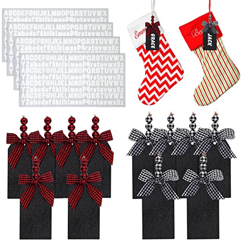 Sawysine 16 Pcs Christmas Stocking Name Tags with 4 Sheets Adhesive Letter Stickers Christmas Stocking Wood Tags with Buffalo Plaid Row and Beads Chalkboard LabelsBlack and White Red and Black - Image 1