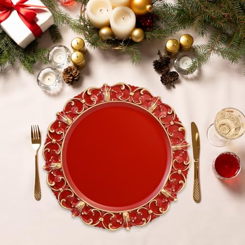 Leemxiiny Red Charger Plates Set of 6, Decorative Table Plastic Chargers for Dinner Plates, Party, Wedding, Thanksgiving, Christmas, FD51R - Image 2