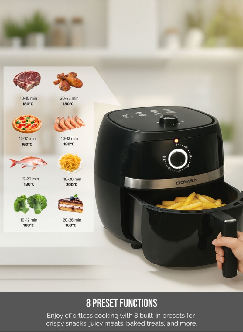DOMEA 3.2L Air Fryer - 1300W, 8 Presets, Manual Control, Oil-Free Cooking, Adjustable Temp (80-200°C) & 60 Min Timer, Roast, Bake, Dehydrate, Reheat, Non Stick & Easy to Clean, Family Size, Black - Image 4