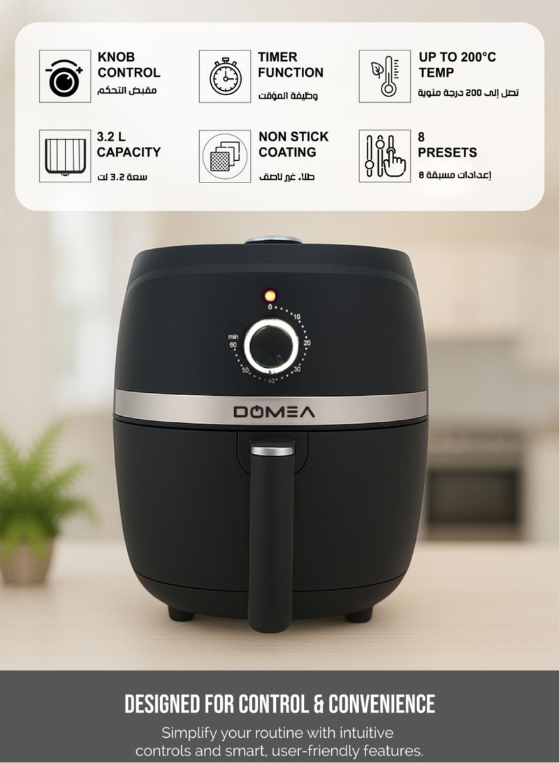 DOMEA 3.2L Air Fryer - 1300W, 8 Presets, Manual Control, Oil-Free Cooking, Adjustable Temp (80-200°C) & 60 Min Timer, Roast, Bake, Dehydrate, Reheat, Non Stick & Easy to Clean, Family Size, Black - Image 5