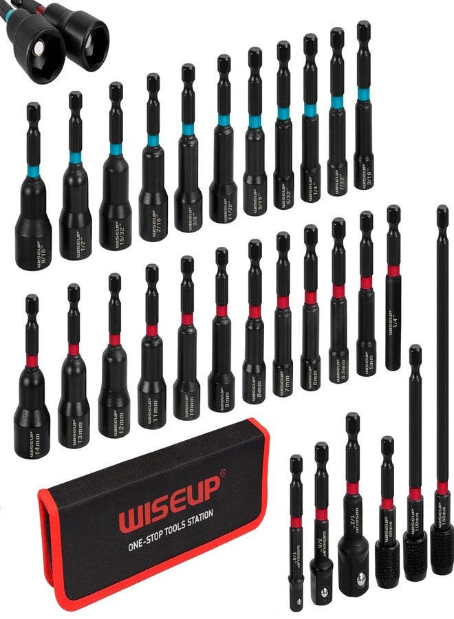 وايزأب مجموعة مفكات صواميل مغناطيسية من WISEUP، مكونة من 29 قطعة، ومجموعة رؤوس مفكات مثقاب صدمات وساق سداسية 1/4 بوصة، ومفكات صواميل كهربائية مترية من فولاذ Cr-V SAE، وتتضمن حامل رؤوس مغناطيسي، ووصلة سريعة الفك مع حقيبة تخزين. - Image 1