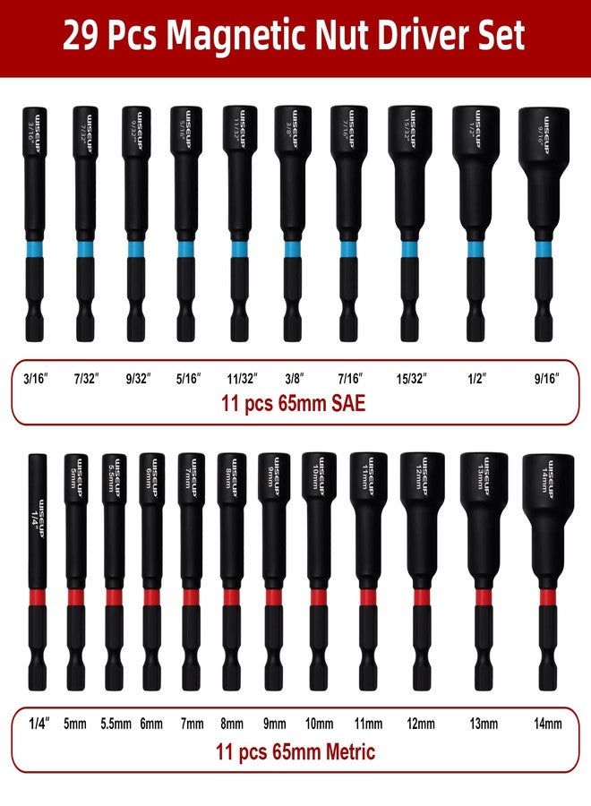 وايزأب مجموعة مفكات صواميل مغناطيسية من WISEUP، مكونة من 29 قطعة، ومجموعة رؤوس مفكات مثقاب صدمات وساق سداسية 1/4 بوصة، ومفكات صواميل كهربائية مترية من فولاذ Cr-V SAE، وتتضمن حامل رؤوس مغناطيسي، ووصلة سريعة الفك مع حقيبة تخزين. - Image 2