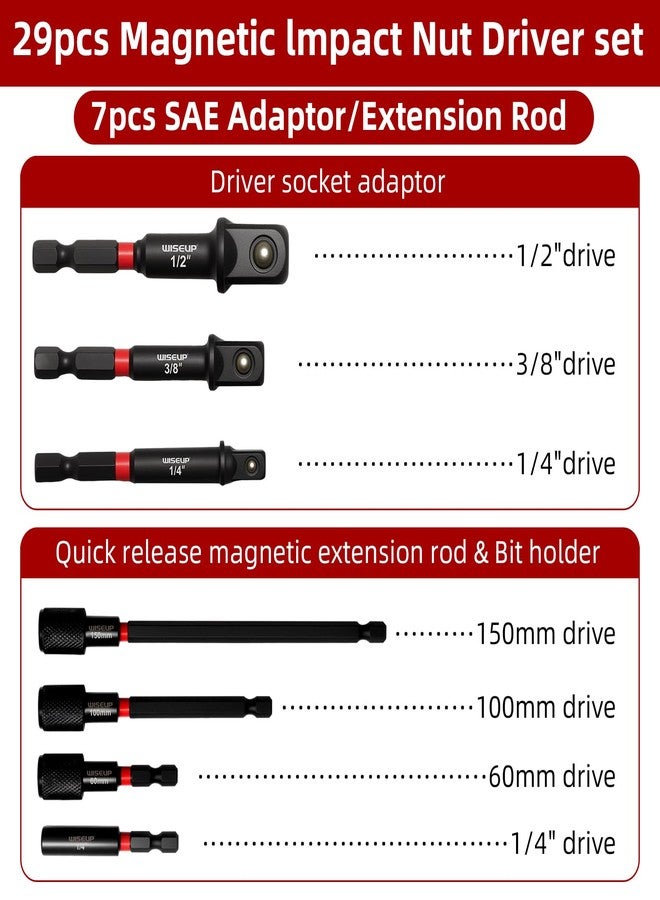 وايزأب مجموعة مفكات صواميل مغناطيسية من WISEUP، مكونة من 29 قطعة، ومجموعة رؤوس مفكات مثقاب صدمات وساق سداسية 1/4 بوصة، ومفكات صواميل كهربائية مترية من فولاذ Cr-V SAE، وتتضمن حامل رؤوس مغناطيسي، ووصلة سريعة الفك مع حقيبة تخزين. - Image 3