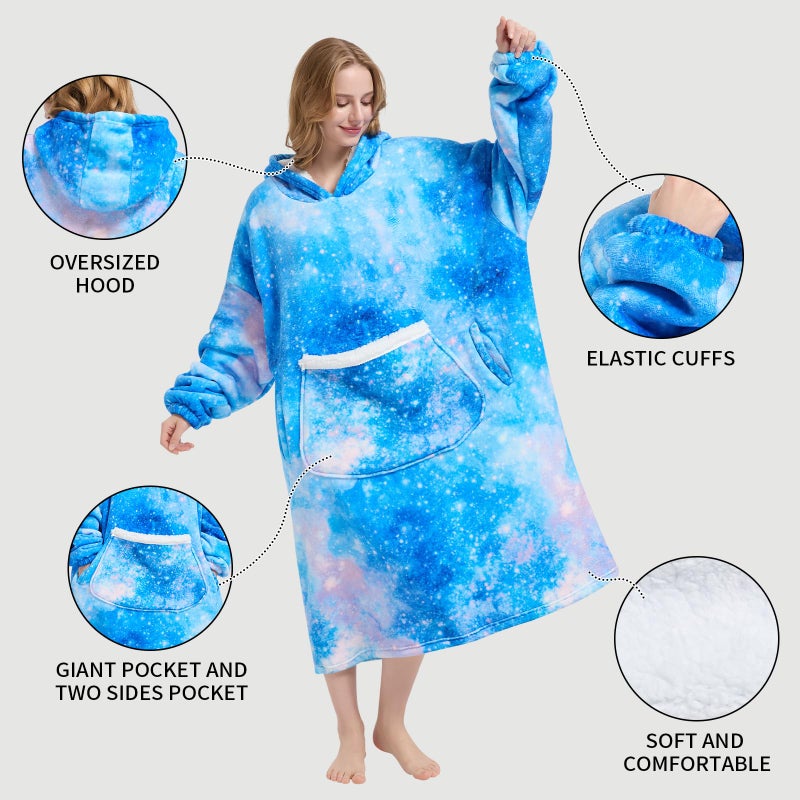 Fiosnow Wearable Blanket Gift for Women & Men Sherpa Flannel Blanket Hoodie Long Warm and Cozy Blanket with Giant Pocket,Galaxy - Image 3