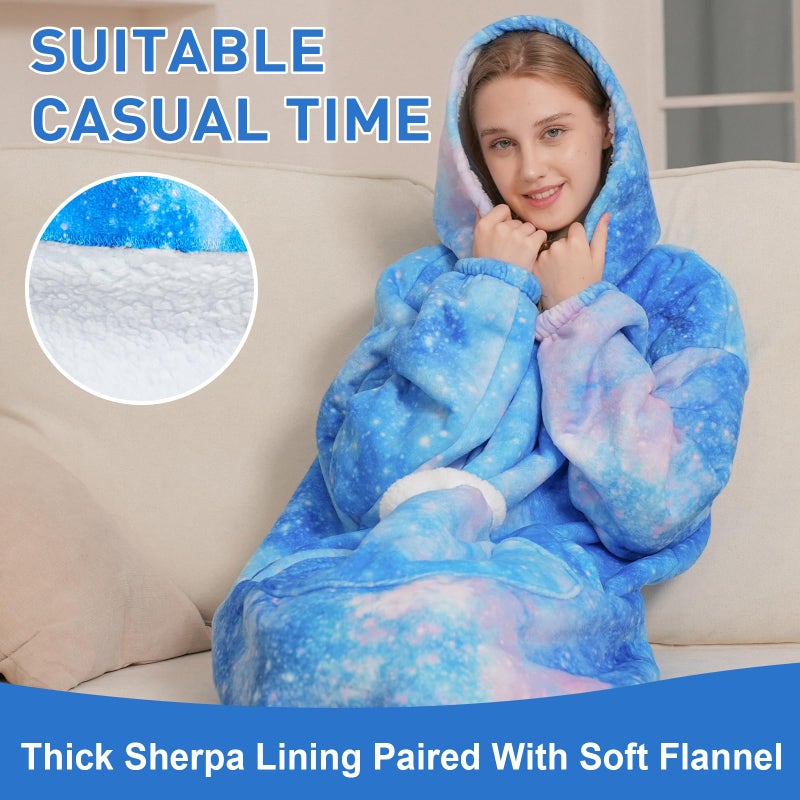 Fiosnow Wearable Blanket Gift for Women & Men Sherpa Flannel Blanket Hoodie Long Warm and Cozy Blanket with Giant Pocket,Galaxy - Image 5