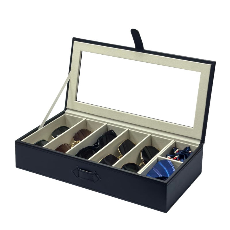 UnionPlus Sunglasses Case Organizer Multiple Sunglasses Eyeglass Glasses Display Holder Collector 5 Slots for Sunglasses Storage and 2 Small Slots for Accessories Black