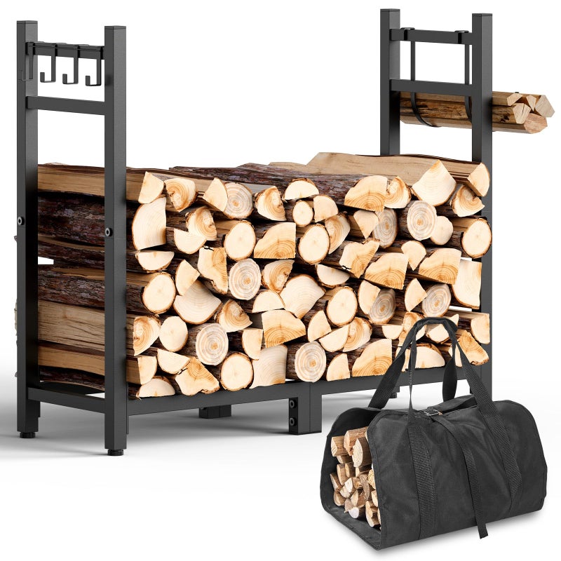 Brightown Brightown Firewood Rack Indoor with Log Carrier 34inch Outdoor Wood Rack for FirewoodFire Wood Storage with Kindling Hooks Adjustable Pads Heavy Duty Logs Holder for Fireplace Deck Outdoor Black 