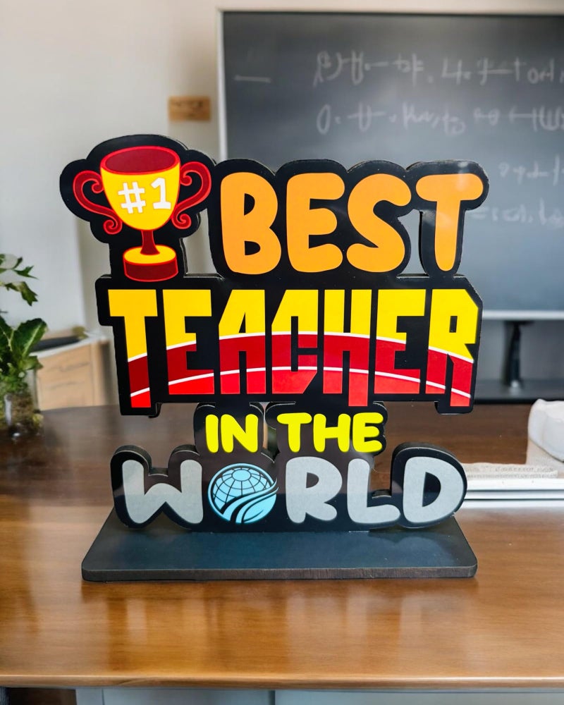 WARMINGO DE Best Teacher In The World Wooden Trophy For Guru | Teachers Day Gift | Best Gift For Teacher Special (Multicolor 6 x 5.5 Inches) - Image 1