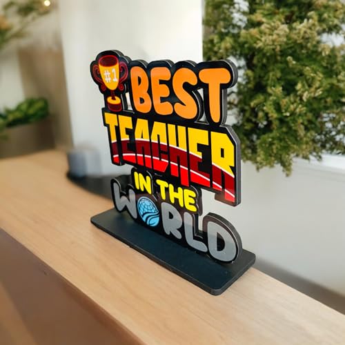 WARMINGO DE Best Teacher In The World Wooden Trophy For Guru | Teachers Day Gift | Best Gift For Teacher Special (Multicolor 6 x 5.5 Inches) - Image 2