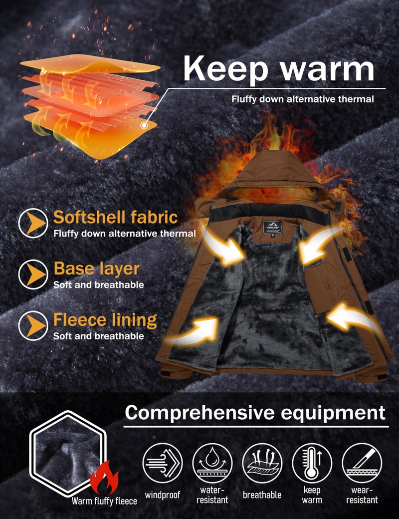 MAGCOMSEN Snow Jackets for Men Waterproof Snowboard Ski Jacket Rain Coats Warm Fleece Winter Windbreaker Parka with Hood Coffee S - Image 3