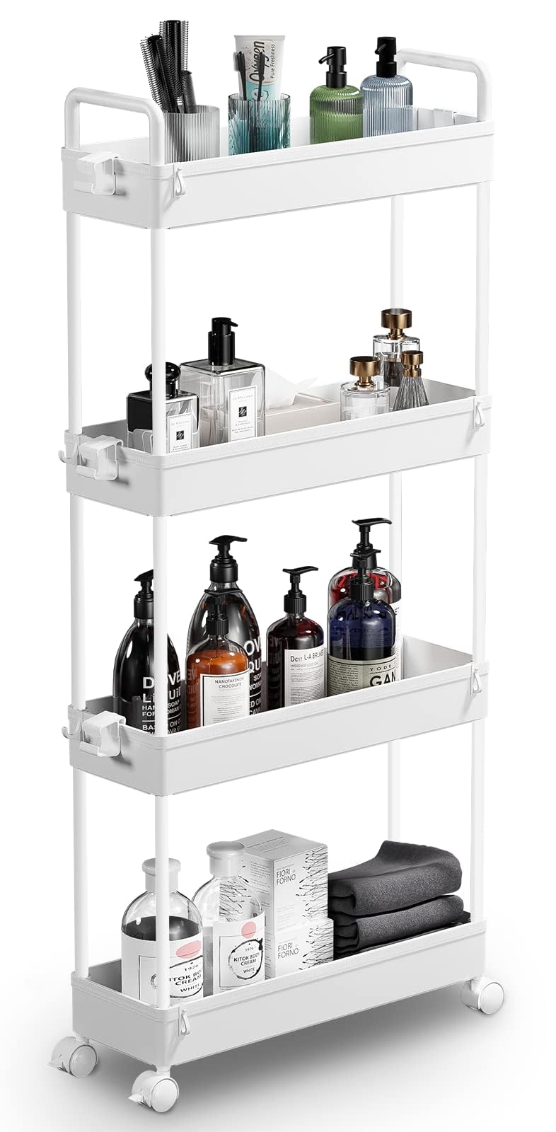 SOLEJAZZ Slim Rolling Storage Cart with Wheels 4 Tier Skinny Bathroom Storage Organizer Narrow Shelf Unit Thin Laundry Room Utility Cart for Bedside Kitchen Office Next to Fridge Small Places White