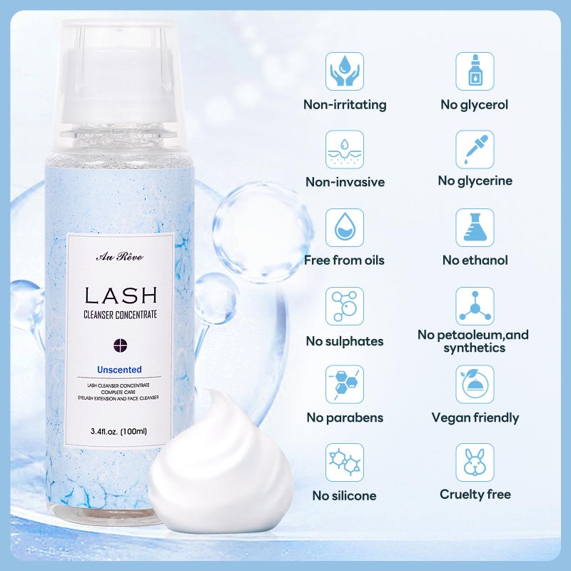 AuReve Lash Shampoo Concentrate 100ml Lash Extension Cleanser Oil-Free Eyelash Extension Shampoo with Salon Home Care -Makes 20 Bottles 60ml Lash Shampoo,Unscented - Image 2